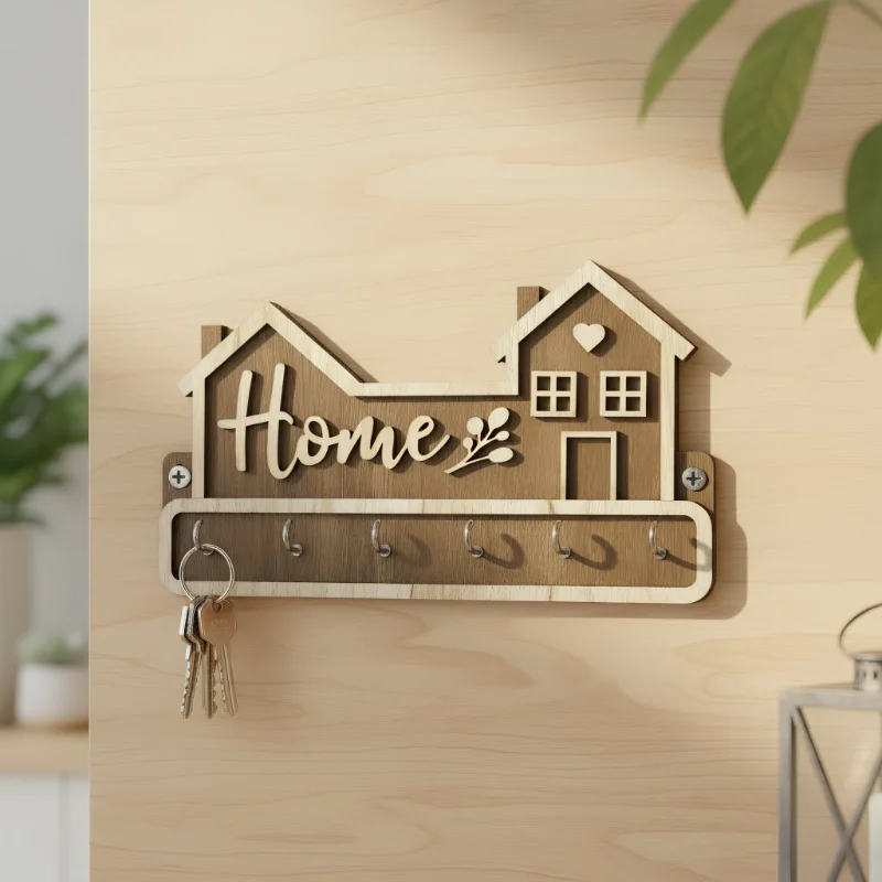 Home Shape Wooden Wall Key Holder
