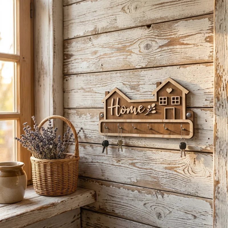 Home Shape Wooden Wall Key Holder