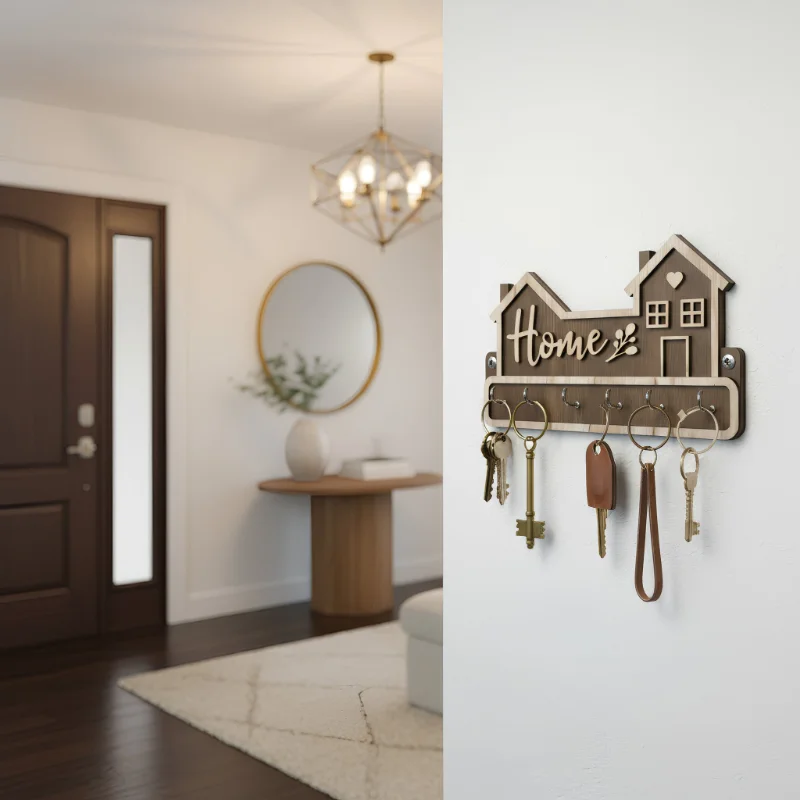 Home Shape Wooden Wall Key Holder