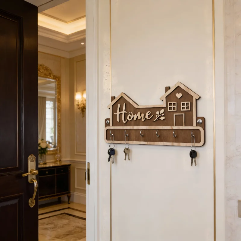 Home Shape Wooden Wall Key Holder