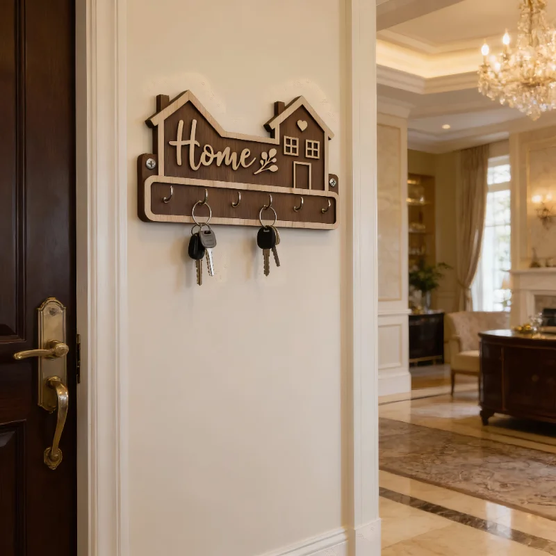 Home Shape Wooden Wall Key Holder