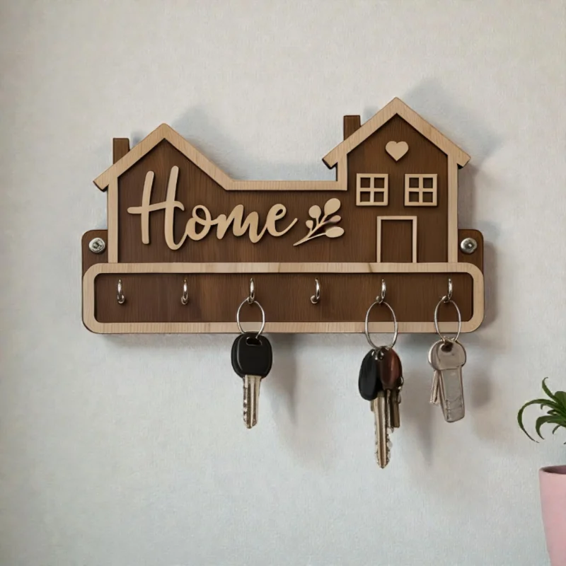 Home Shape Wooden Wall Key Holder