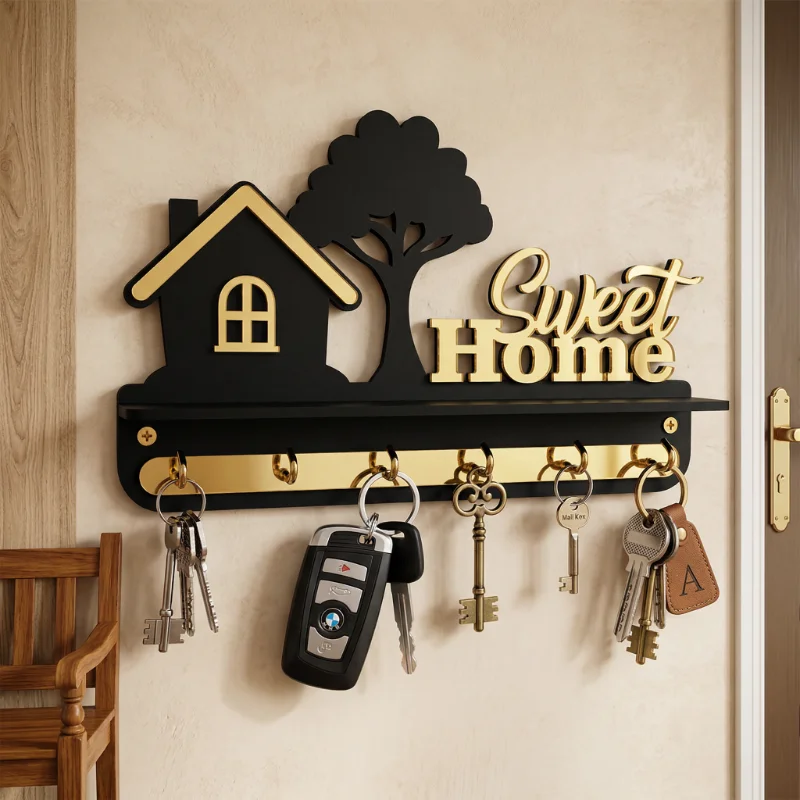 Sweet Home Black & Gold Wooden Wall Key Holder