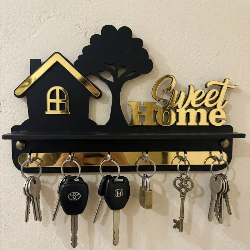 Sweet Home Black & Gold Wooden Wall Key Holder