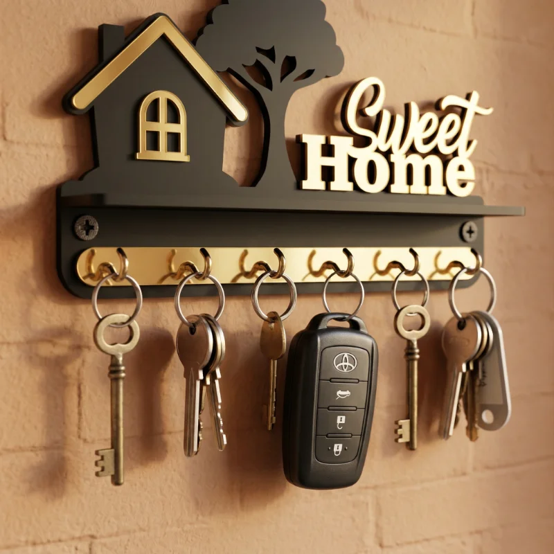 Sweet Home Black & Gold Wooden Wall Key Holder