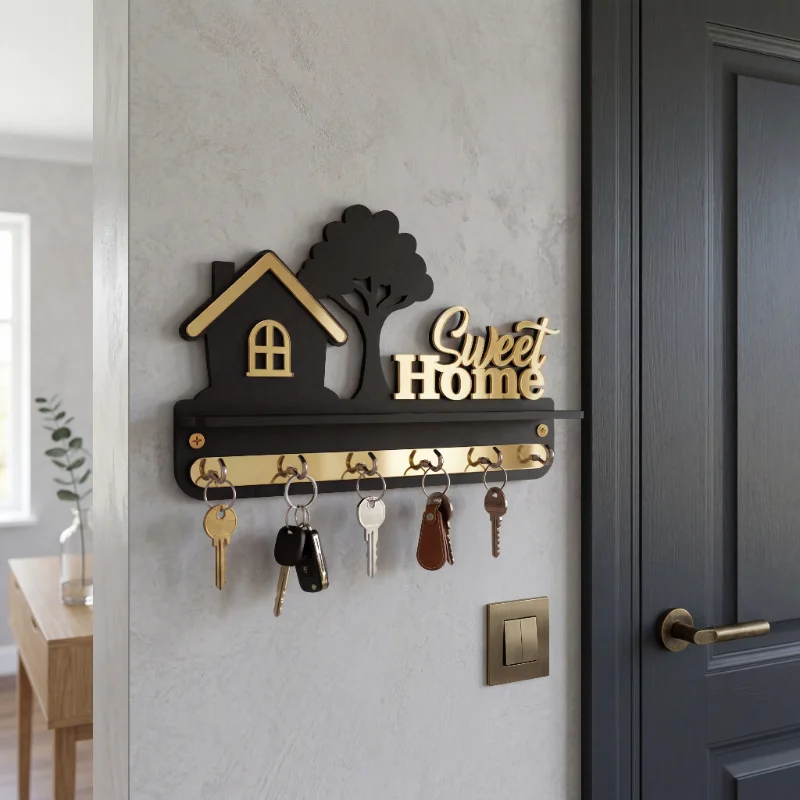 Sweet Home Black & Gold Wooden Wall Key Holder