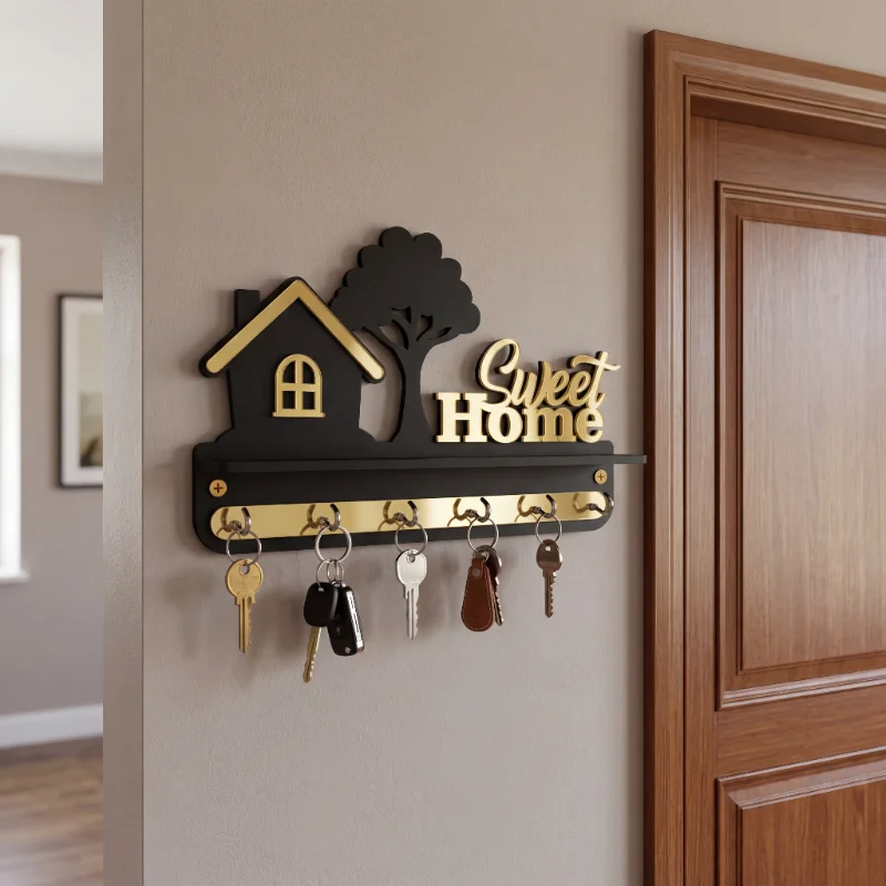 Sweet Home Black & Gold Wooden Wall Key Holder