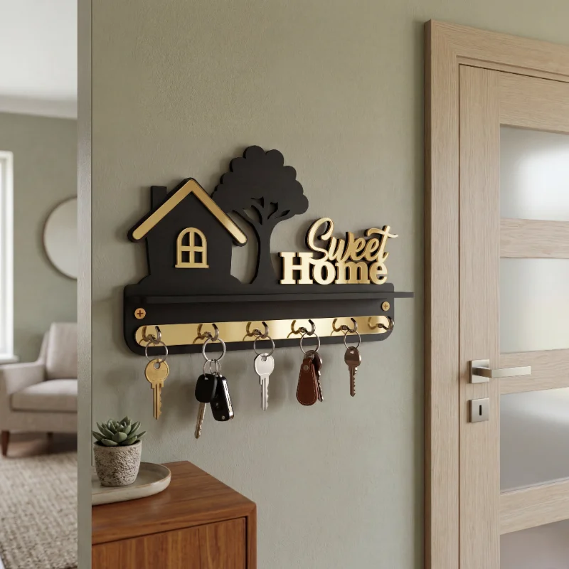 Sweet Home Black & Gold Wooden Wall Key Holder