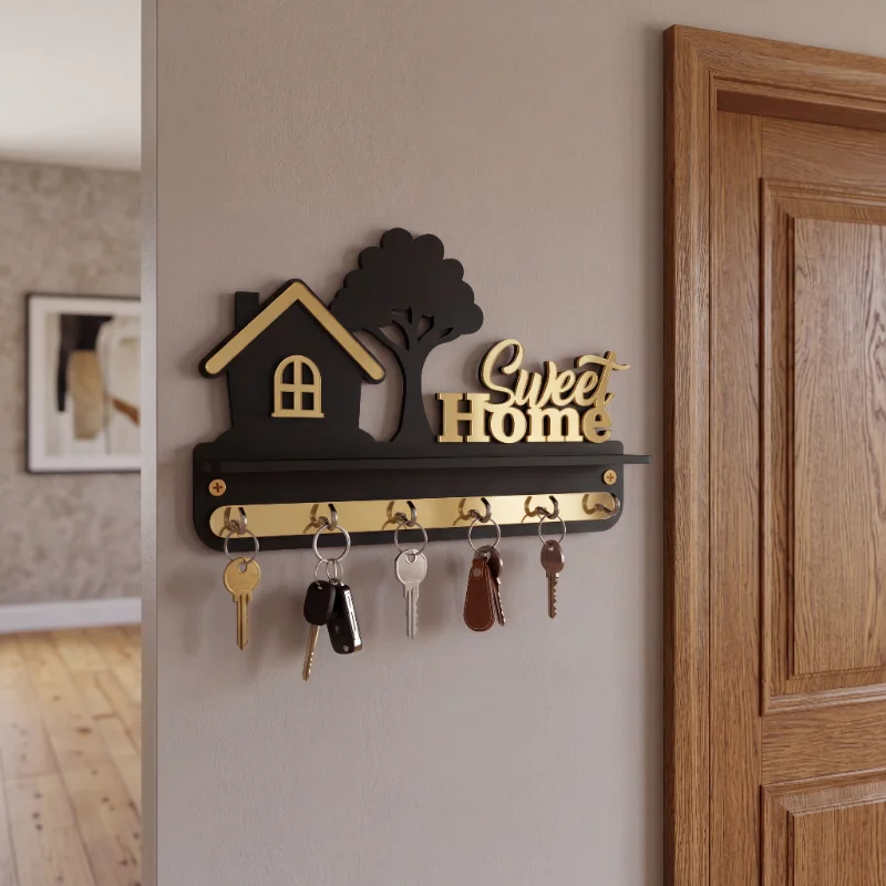Sweet Home Black & Gold Wooden Wall Key Holder