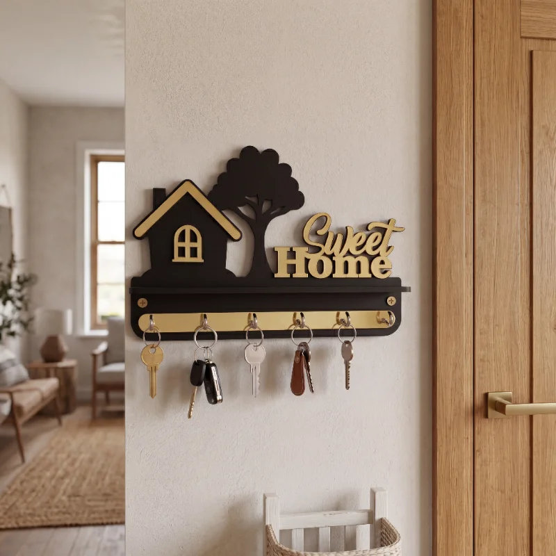 Sweet Home Black & Gold Wooden Wall Key Holder