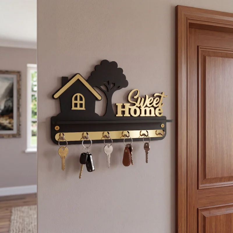 Sweet Home Black & Gold Wooden Wall Key Holder