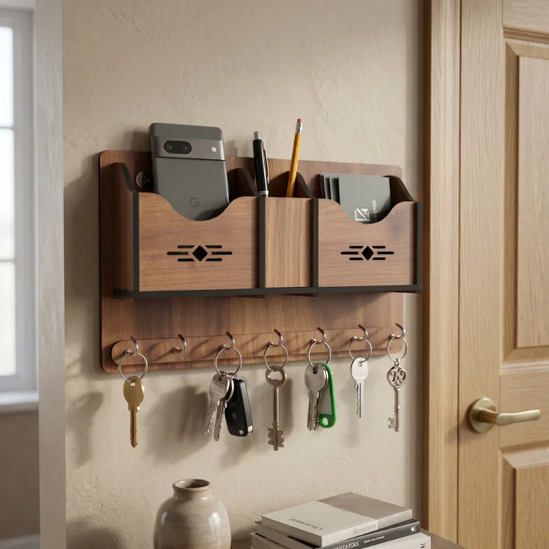 Multi Utility Wooden Wall Key Holder Organizer