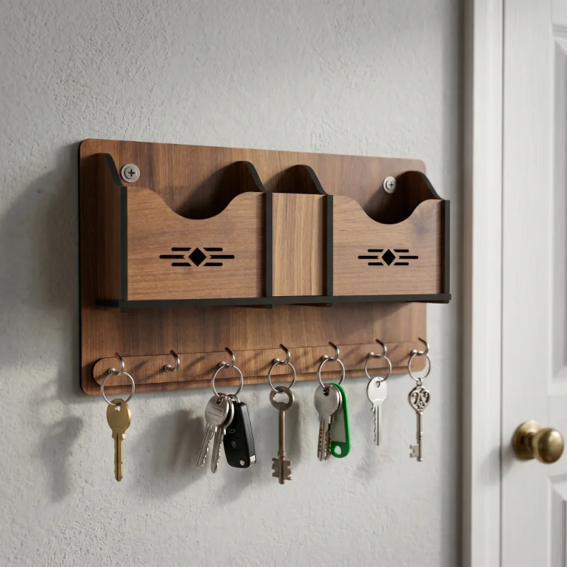 Multi Utility Wooden Wall Key Holder Organizer