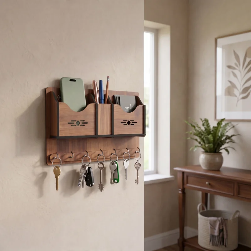 Multi Utility Wooden Wall Key Holder Organizer