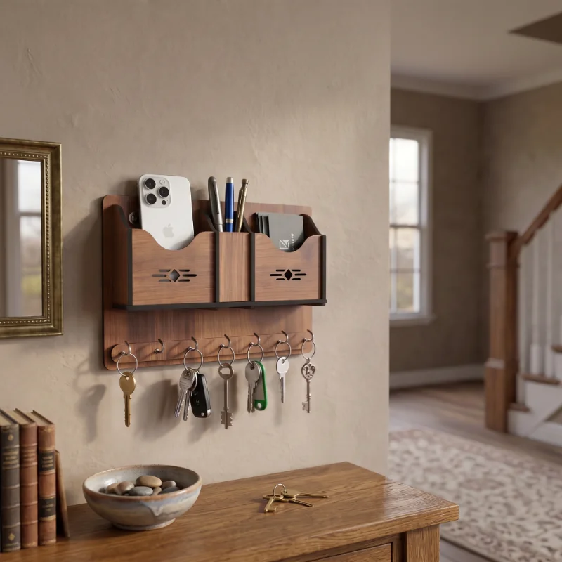 Multi Utility Wooden Wall Key Holder Organizer