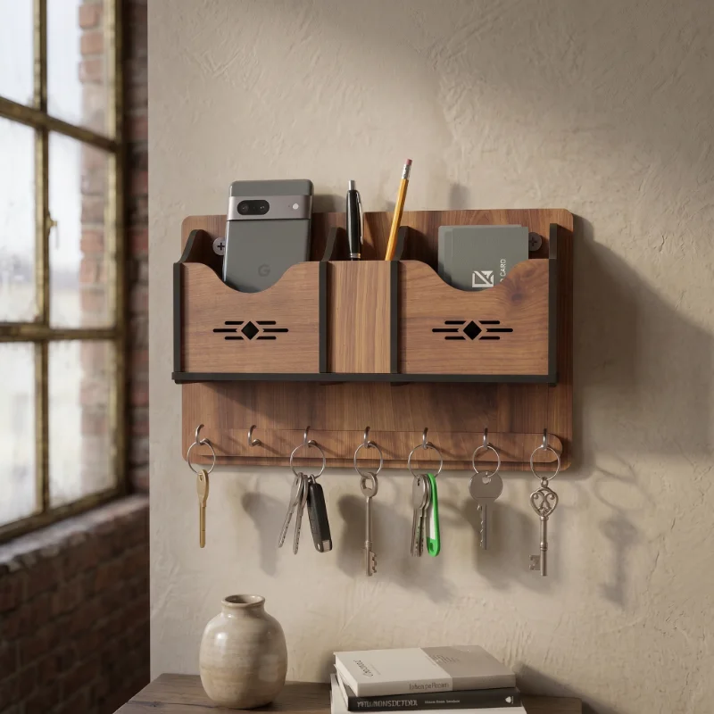 Multi Utility Wooden Wall Key Holder Organizer