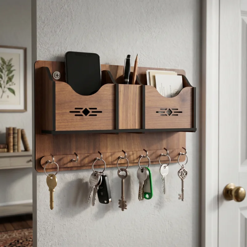 Multi Utility Wooden Wall Key Holder Organizer