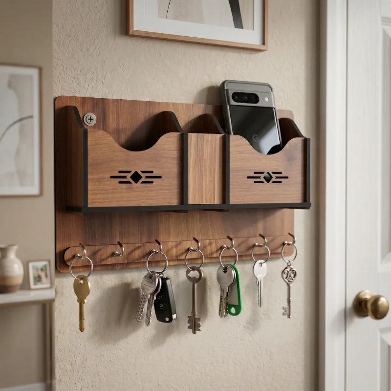Multi Utility Wooden Wall Key Holder Organizer