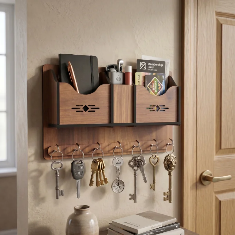 Multi Utility Wooden Wall Key Holder Organizer