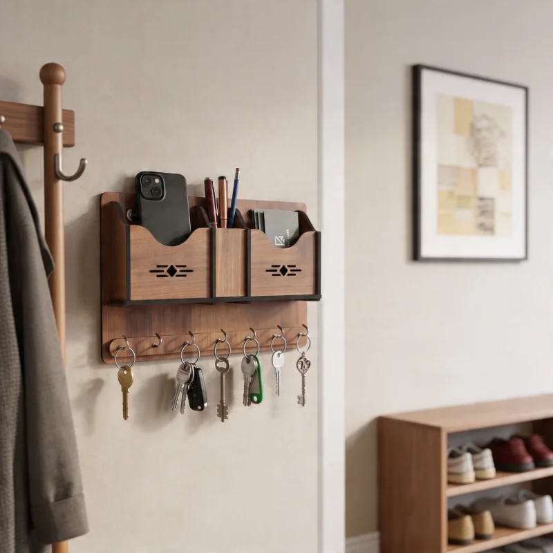 Multi Utility Wooden Wall Key Holder Organizer