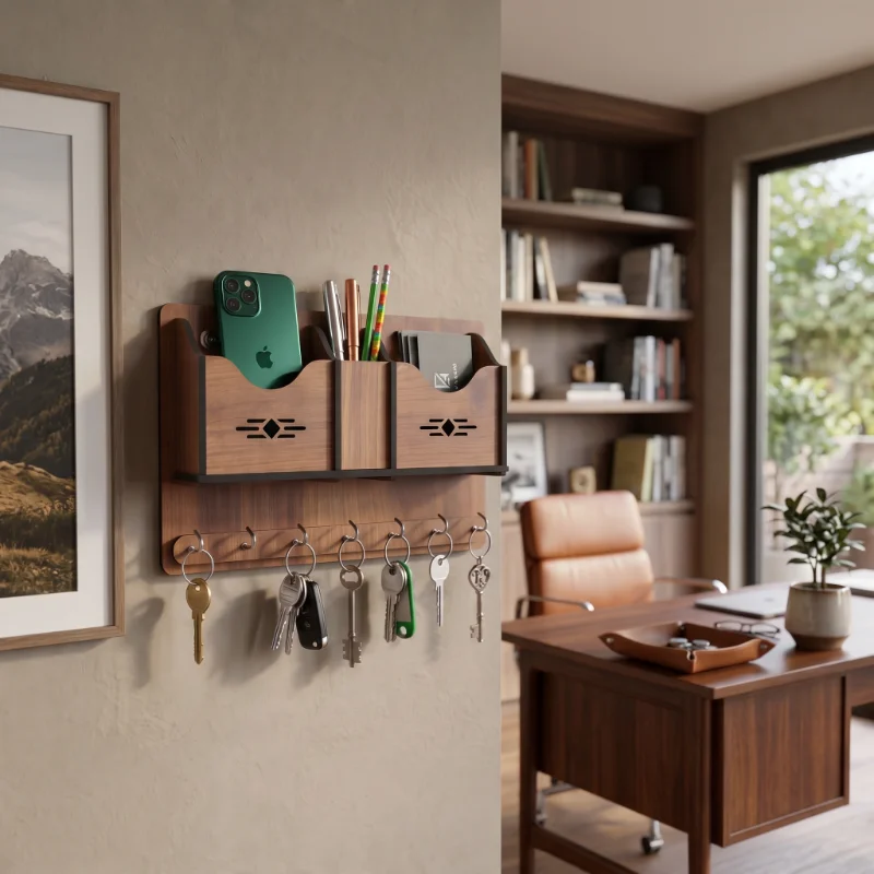 Multi Utility Wooden Wall Key Holder Organizer