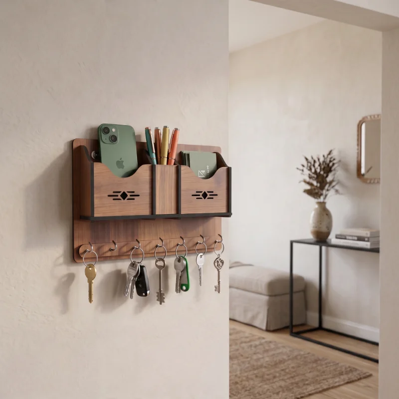Multi Utility Wooden Wall Key Holder Organizer