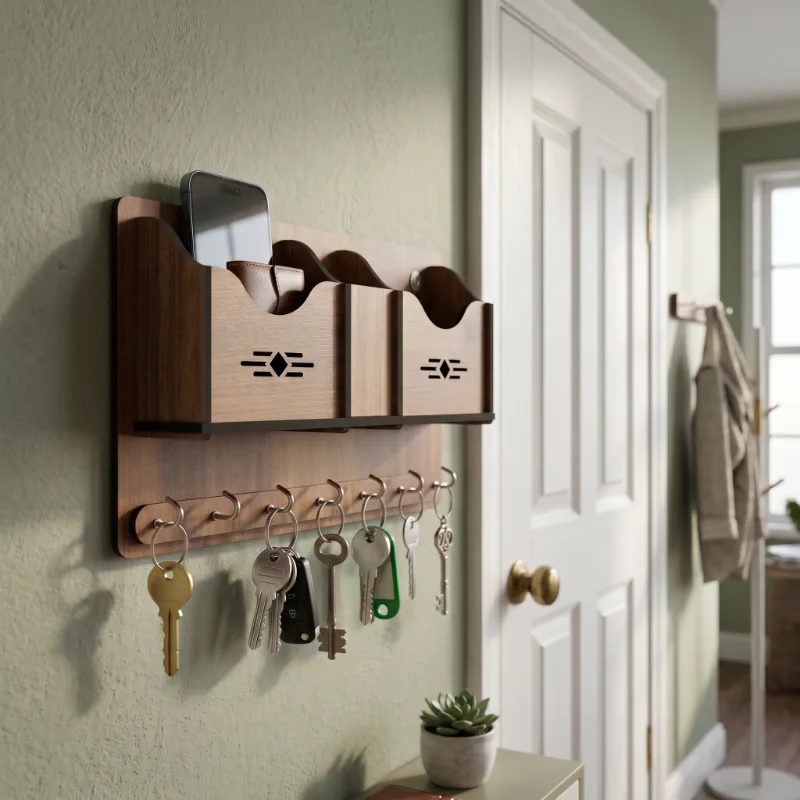 Multi Utility Wooden Wall Key Holder Organizer