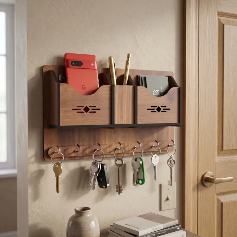 Multi Utility Wooden Wall Key Holder Organizer