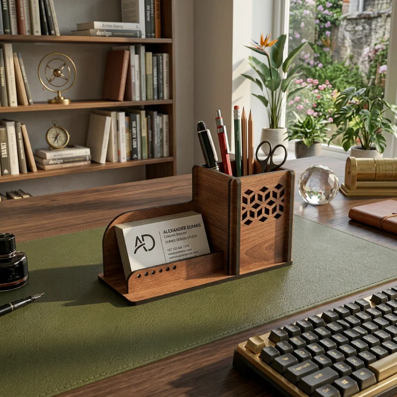 Modern Wooden Pen Holder & Visiting Card Stand