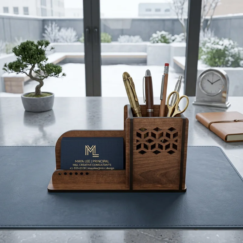 Modern Wooden Pen Holder & Visiting Card Stand