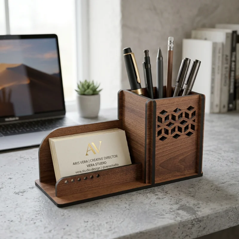 Modern Wooden Pen Holder & Visiting Card Stand