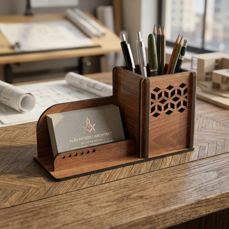 Modern Wooden Pen Holder & Visiting Card Stand