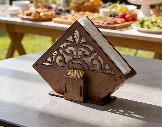 Wooden Tissue & Napkin Holder with Built-in Toothpick Stand