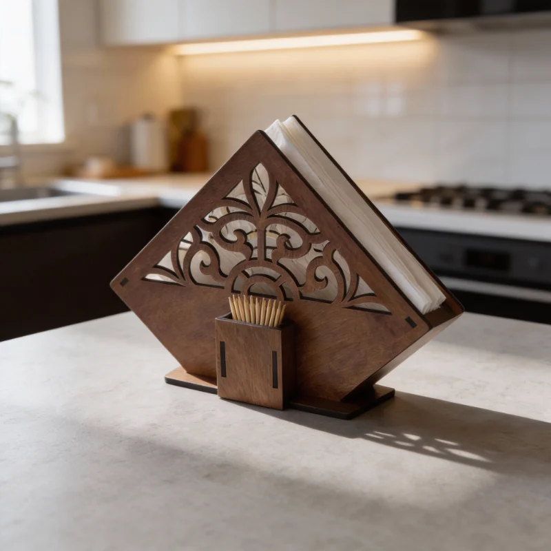 Wooden Tissue & Napkin Holder with Built-in Toothpick Stand