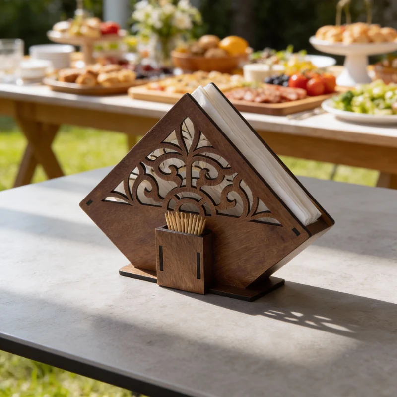 Wooden Tissue & Napkin Holder with Built-in Toothpick Stand