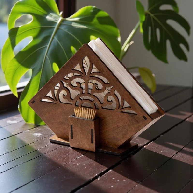 Wooden Tissue & Napkin Holder with Built-in Toothpick Stand