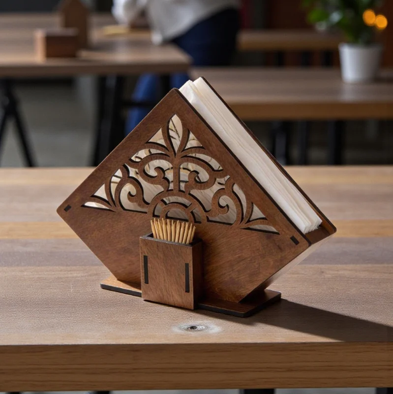Wooden Tissue & Napkin Holder with Built-in Toothpick Stand