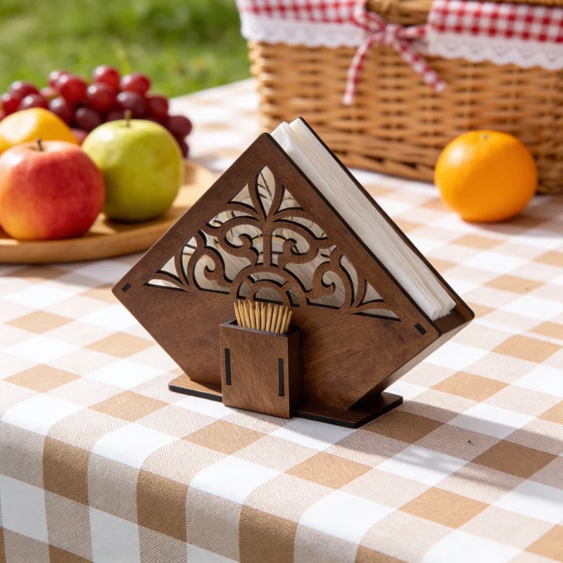 Wooden Tissue & Napkin Holder with Built-in Toothpick Stand