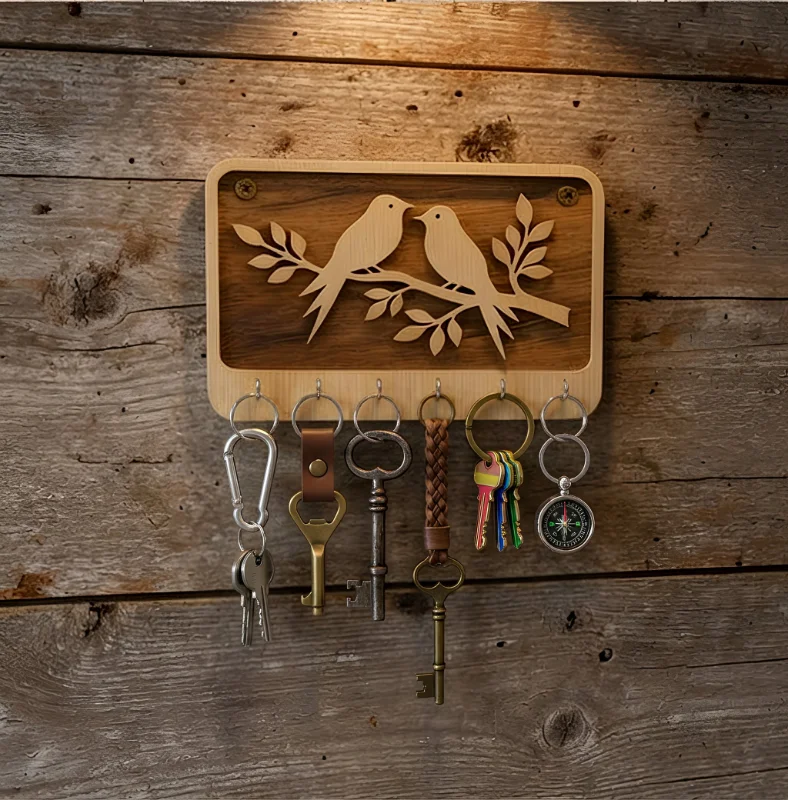 Love Birds Wooden Wall Key Holder